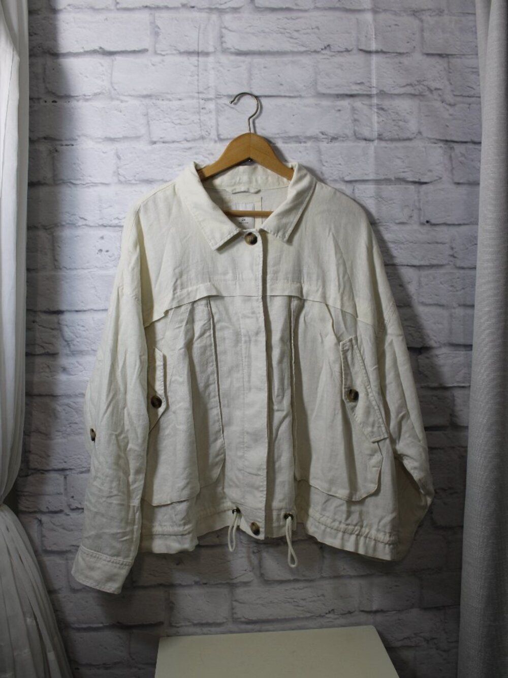 Sonoma Plus 2X Off White Linen Blend Roll Tab Sleeve Button Front Basic Jacket
